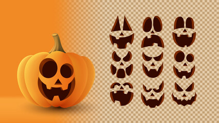 3d pumpkin with set of scary faces. Set of pumpkin faces for decoration of Halloween. Vector 3d illustration with creepy eyes and smiles isolated on checkered background.