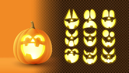 3d pumpkin with set of glowing faces. Set of pumpkin faces for decoration of Halloween. Vector 3d illustration with creepy eyes and smiles isolated on checkered background.