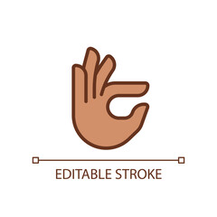 Fingers holding small item pixel perfect RGB color icon. Hand gesture. Interaction process. Isolated vector illustration. Simple filled line drawing. Editable stroke. Arial font used