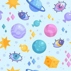 Abstract fantasy pattern with doodle planets and cartoon elements