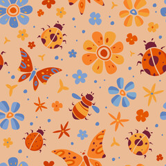 Vintage stylized pattern with butterflies, ladybugs and flowers