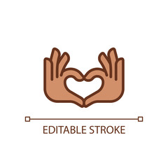Hands heart gesture pixel perfect RGB color icon. Showing affection and love. Romantic relationship. Isolated vector illustration. Simple filled line drawing. Editable stroke. Arial font used