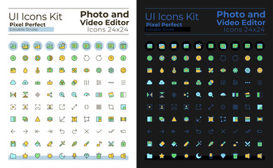 Photo and video editor pixel perfect RGB color ui icons set for dark, light mode. GUI, UX design for mobile app. Vector isolated pictograms. Editable stroke. Montserrat Bold, Light fonts used