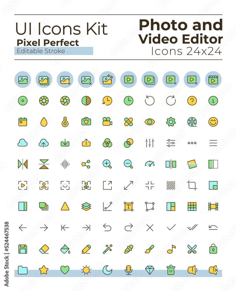 Wall mural photo and video editor tools pixel perfect rgb color ui icons set. digital program. gui, ux design f