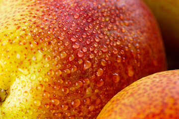 Background with pear in water drops