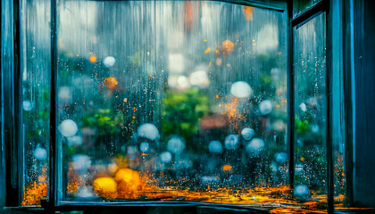 3D Render digital art painting of Rainy Window. Window view with raining outside