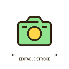 Camera pixel perfect RGB color ui icon. Digital, analogue. Photographic device. Simple filled line element. GUI, UX design for mobile app. Vector isolated pictogram. Editable stroke. Arial font used