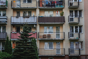 Balconies of apartment building in Warsaw city, Poland - obrazy, fototapety, plakaty