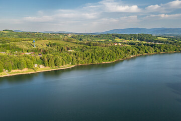 Drone photo of Terlicko dam lake on River Stonavka in Terlicko, Czech Republic