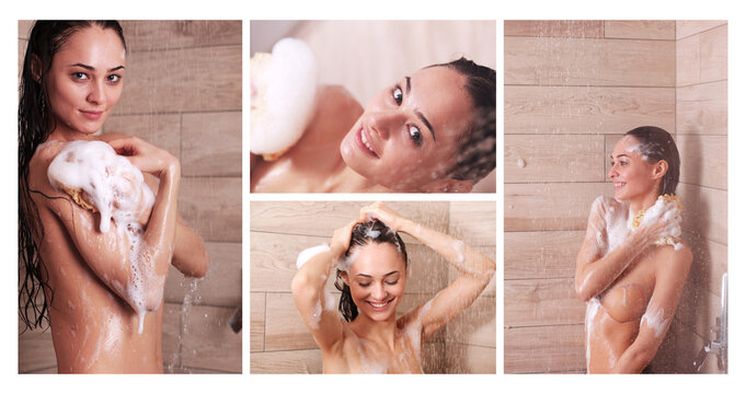 Young beautyful woman under shower in bathroom