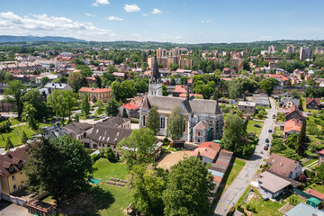 Fototapeta na wymiar Aerial view with Sacred Heart of Jesus Church in Cesky Tesin, Czech Republic