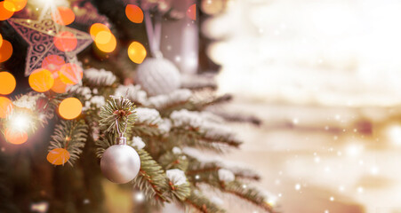 Obraz na płótnie Canvas winter holidays landscape with decorated christmas tree