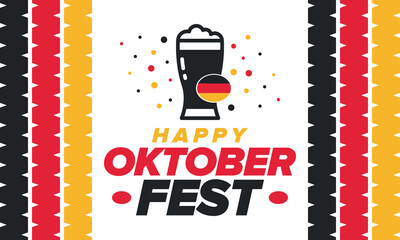 Oktoberfest. Traditional beer festival in Germany. Celebration annual worldwide in september and october. Bavarian party. German event. National flag. Poster, banner, patten. Vector illustration 