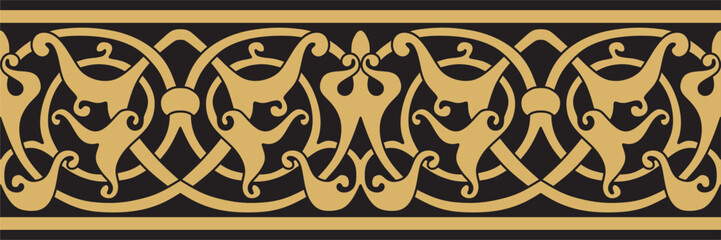 Vector golden seamless oriental national ornament. Endless ethnic floral border, arab peoples frame. Persian painting.