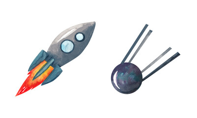 watercolor art rocket and satellite
