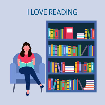 I love reading concept vector illustration. Woman reading book with bookshelf in flat design.