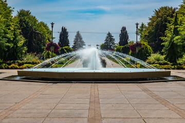 A large cooling fountain on the south side of the Centre Island Bridge of the Toronto Islands seen...