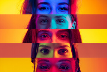 Collage of close-up male and female eyes isolated on colored neon backgorund. Multicolored stripes....