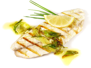 Single Grilled Fish Fillet - Grey Gilthead Seabream isolated on white Background