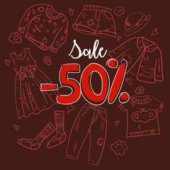 Naklejka premium Red discounts on a burgundy background with a hand-drawn pattern of clothing. Suitable for printing banners, flyers, labels. Contour lines of clothing on a burgundy background.