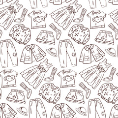 Seamless pattern with rendered clothes. The contour is drawn manually, sketching, lines. Suitable for printed products and textiles. Packaging, banner, flyer, background, print.