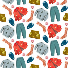 Seamless pattern with rendered clothes. Clothes without a background. Suitable for printed products and textiles. Packaging, banner, flyer, background, print.