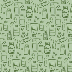 A pattern with pills and medicinal preparations in the style of hand-sketching. Contour drawing of medical instruments. Background for printing on paper packaging, textiles.