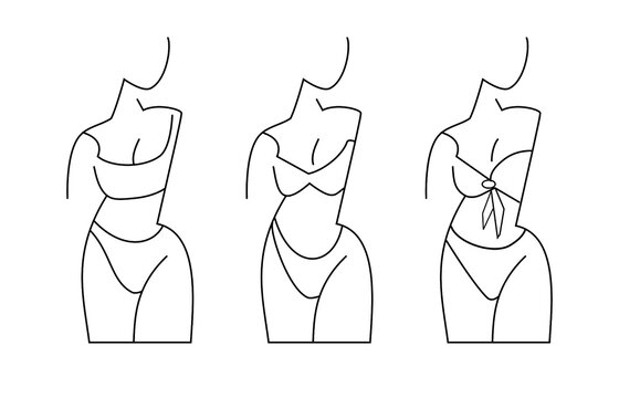 A set of female mannequins wearing bikini. Minimalist line art. For underwear stores, business cards, tattoo, posters, logos. Beach and swimming theme. Vector illustration