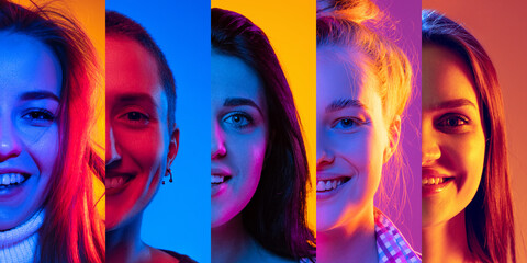 Obraz premium Happy smiling young people looking at camera on multicolored background in neon. Collage made of half of faces of male and female models.