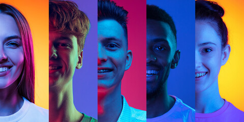 Happy smiling young people looking at camera on multicolored background in neon. Collage made of half of faces of male and female models. - obrazy, fototapety, plakaty