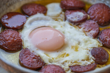 Turkish Sausage (sausage) and eggs. Sausage Fried Egg, egg with bacon from top view, sausage with egg omelette.