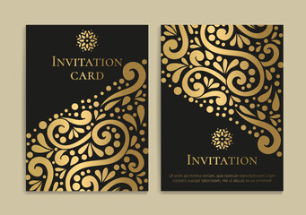 Fototapeta na wymiar Black and gold luxury invitation card design with vector ornament pattern. Vintage template. Can be used for background and wallpaper. Elegant and classic vector elements great for decoration.