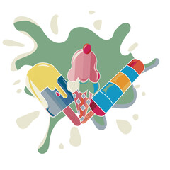 Vector set of shiny shamrock, arylide yellow, cinnamon satin, middle red , cadet grey color ice candy, cone ice cream and milk ice candy with ice cream splash on background. textile design, wallpaper.