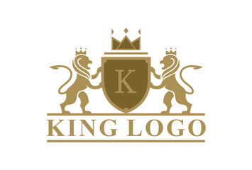 Luxury Lion crest heraldry logo. Elegant gold heraldic shield icon. Royal coat of arms company label symbol.