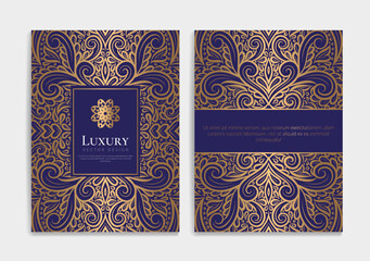 Gold and blue luxury invitation card design with vector ornament pattern. Vintage template. Can be used for background and wallpaper. Elegant and classic vector elements great for decoration.