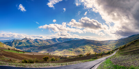 Panoramic rural landscape at sunset. Basilicata region, Italy
