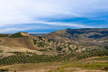 Panoramic rural landscape at sunset. Basilicata region, Italy