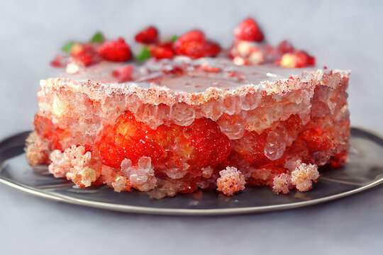 Strawberry jelly cake on plate, close-up, shallow depth of field. AI-generated image, not based on any actual image