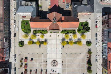 Drone photo of Town Hall on a Square of Czechoslovak Army in Cesky Tesin, Czech Republic