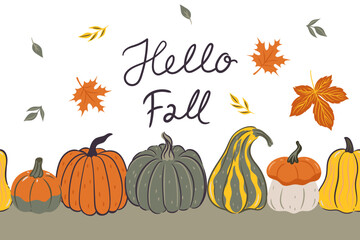 Autumn card with pumpkins on a white background. Vector graphics.