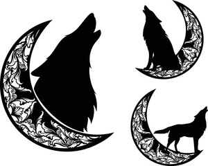 howling standing and sitting wolf side view and profile head with crescent moon ornate decor - black and white vector silhouette design set