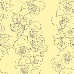 vector seamless pattern with flowers of pansy at light pastel yellow background , hand drawn botanical illustration
