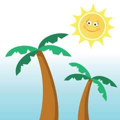 Two cartoon palm trees against a blue sky and a smiling sun.