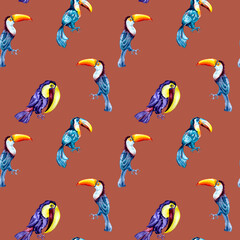 Toucans, exotic tropical birds watercolor seamless pattern on dark background.