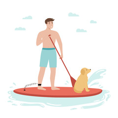 A man stand up on paddle board with dog. Flat cartoon character. Summer outdoor activity. Boy surfing on sup board. Beach vacation. Vector illustration. - obrazy, fototapety, plakaty