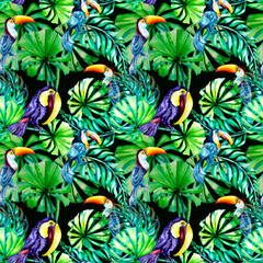 Toucan tropical birds and palm leaves watercolor seamless pattern on black background. © Ekaterina Lanbina