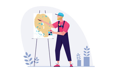 Concept Creative worker artist with people scene in the flat cartoon style. Artist is working on creating a new painting. Vector illustration.