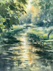 Evening landscape by the river watercolor background
