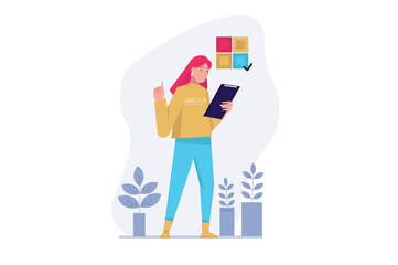 Concept Creative director with people scene in the flat cartoon style. Manager monitors the implementation of action for the realization of new project. Vector illustration.