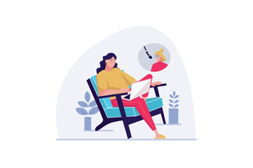 Podcast concept with people scene in the flat cartoon design. Woman records a podcast for the radio broadcast while sitting at home. Vector illustration.